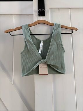 Love Tree Seamless Sage Green Ribbed Twist-Front Crop Top